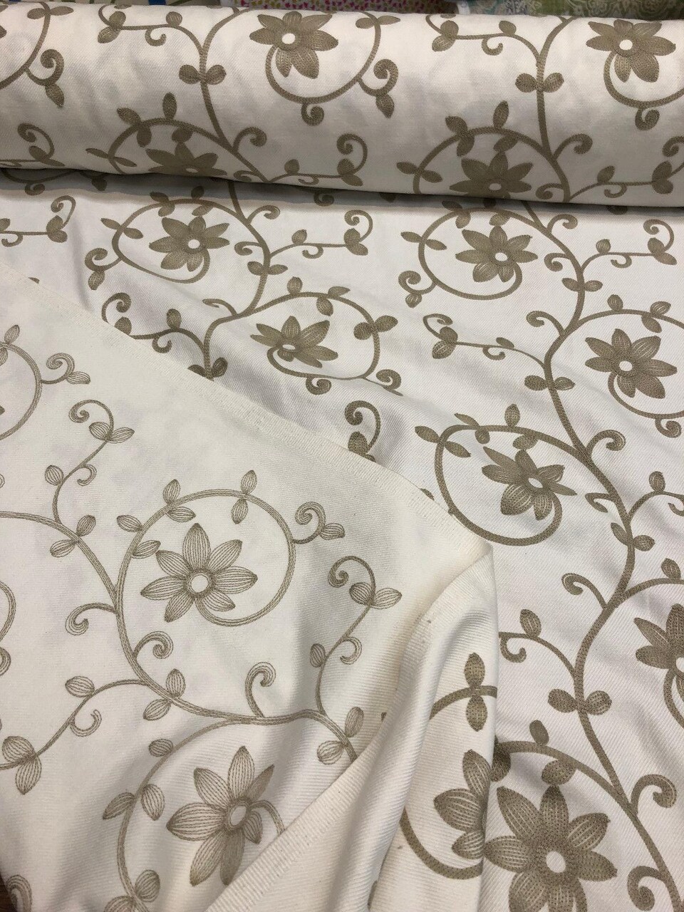 1 Yard Everett Natural Floral Embroidered Cotton Blend Fabric 54 Inches Wide